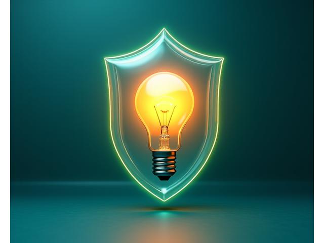 知的財産権を象徴する、ロックされたパドロックと電球の組み合わせ